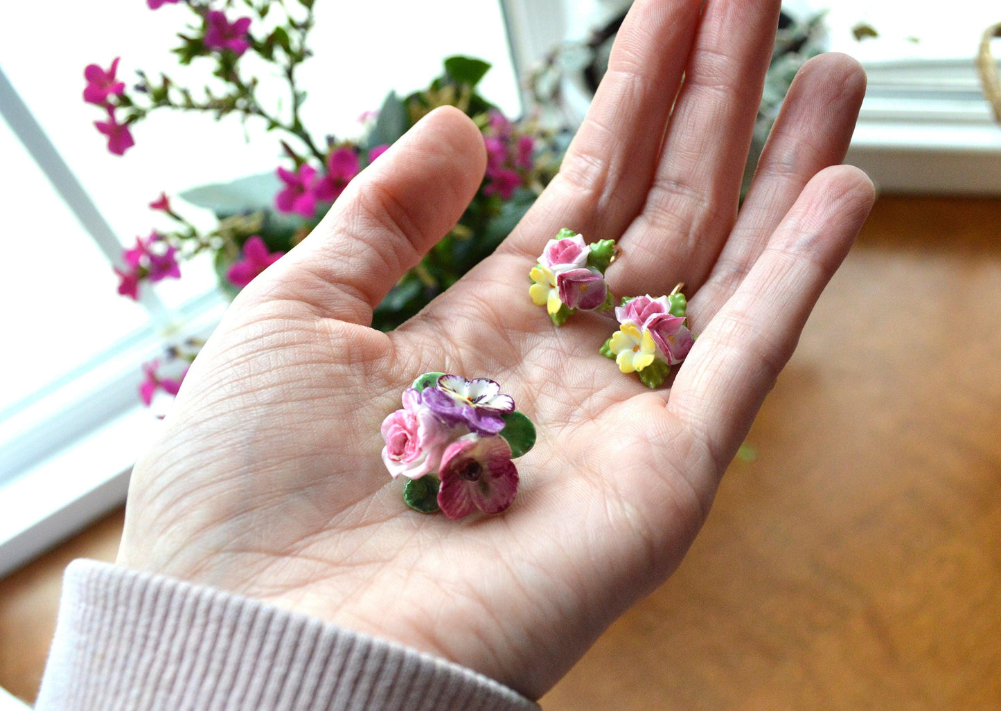Vintage 1950s English Bone China Floral Brooch Earrings Set, Unsigned Pansy Rose