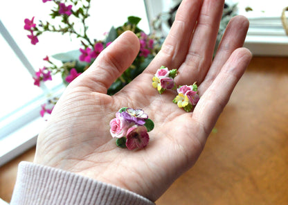 Vintage 1950s English Bone China Floral Brooch Earrings Set, Unsigned Pansy Rose