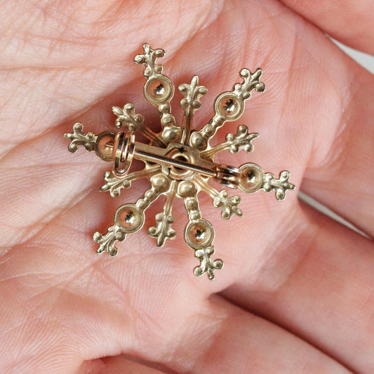 Vintage 1950s Atomic Star Snowflake Brooch, Amethyst Purple Rhinestone Pin 1.15"