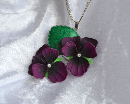 Vintage 1930s Celluloid Parma Violet Pendant Necklace Set 24" Chain Suffragette