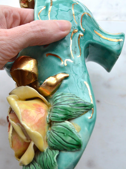 Vintage Signed Barbara McCorkle Ceramic Shoe Planter As-Is Turquoise Rose 7", Flawed