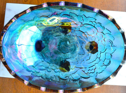 Vintage Indiana Glass "Harvest Grape" Oval Footed Fruit Bowl in Blue Carnival Glass