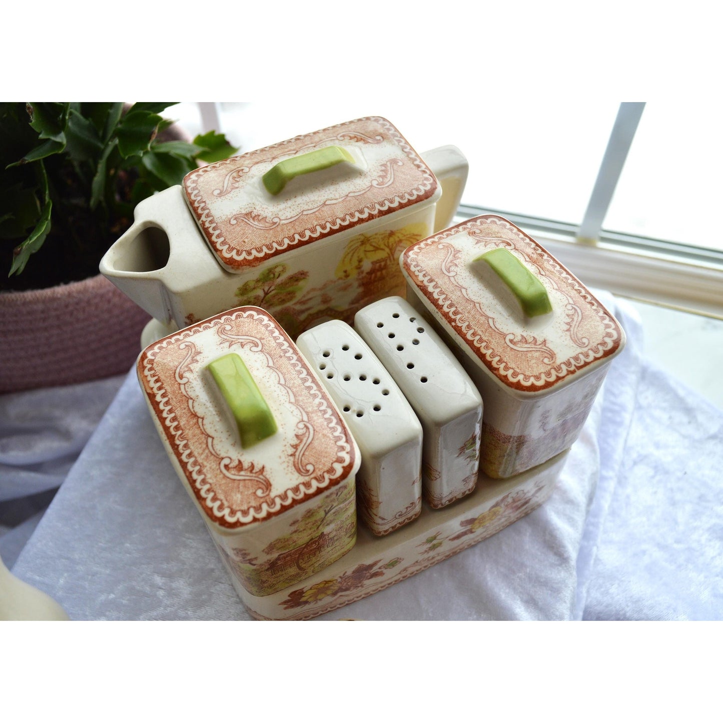 Vintage Brown & Richie "Oriental Gardens" Ceramic Tea and Condiment Caddy Set