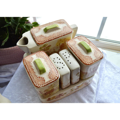 Vintage Brown & Richie "Oriental Gardens" Ceramic Tea and Condiment Caddy Set