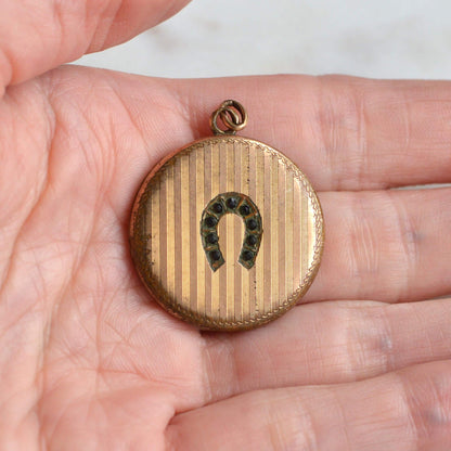 Antique Edwardian Locket by SBC Co. – Double-Sided Hand-Engraved "Emma" & Lucky Pinstripe Paste Horseshoe Pendant – Circa 1910 Gold Filled