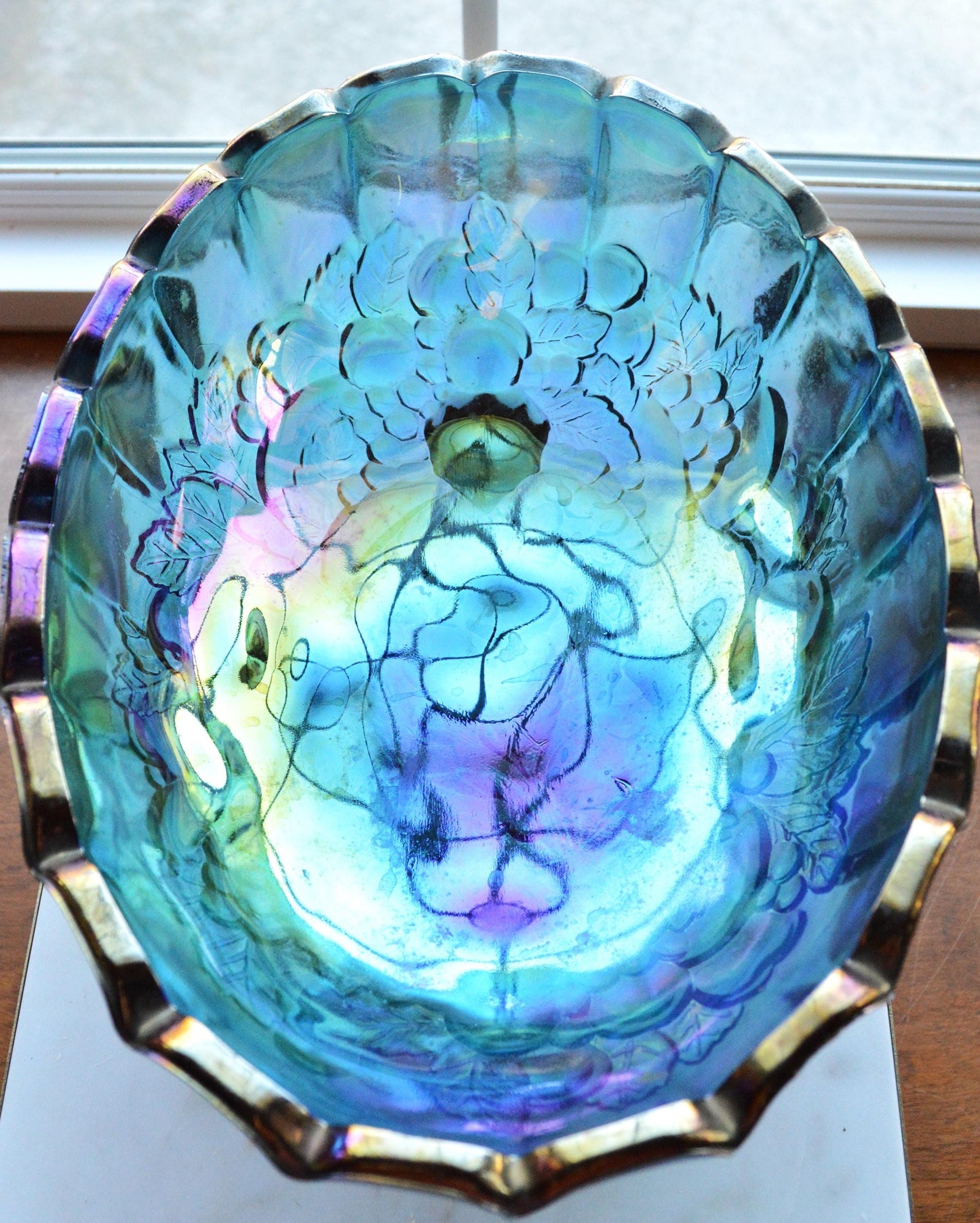 Vintage Indiana Glass "Harvest Grape" Oval Footed Fruit Bowl in Blue Carnival Glass