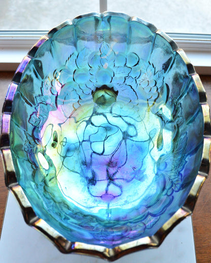 Vintage Indiana Glass "Harvest Grape" Oval Footed Fruit Bowl in Blue Carnival Glass