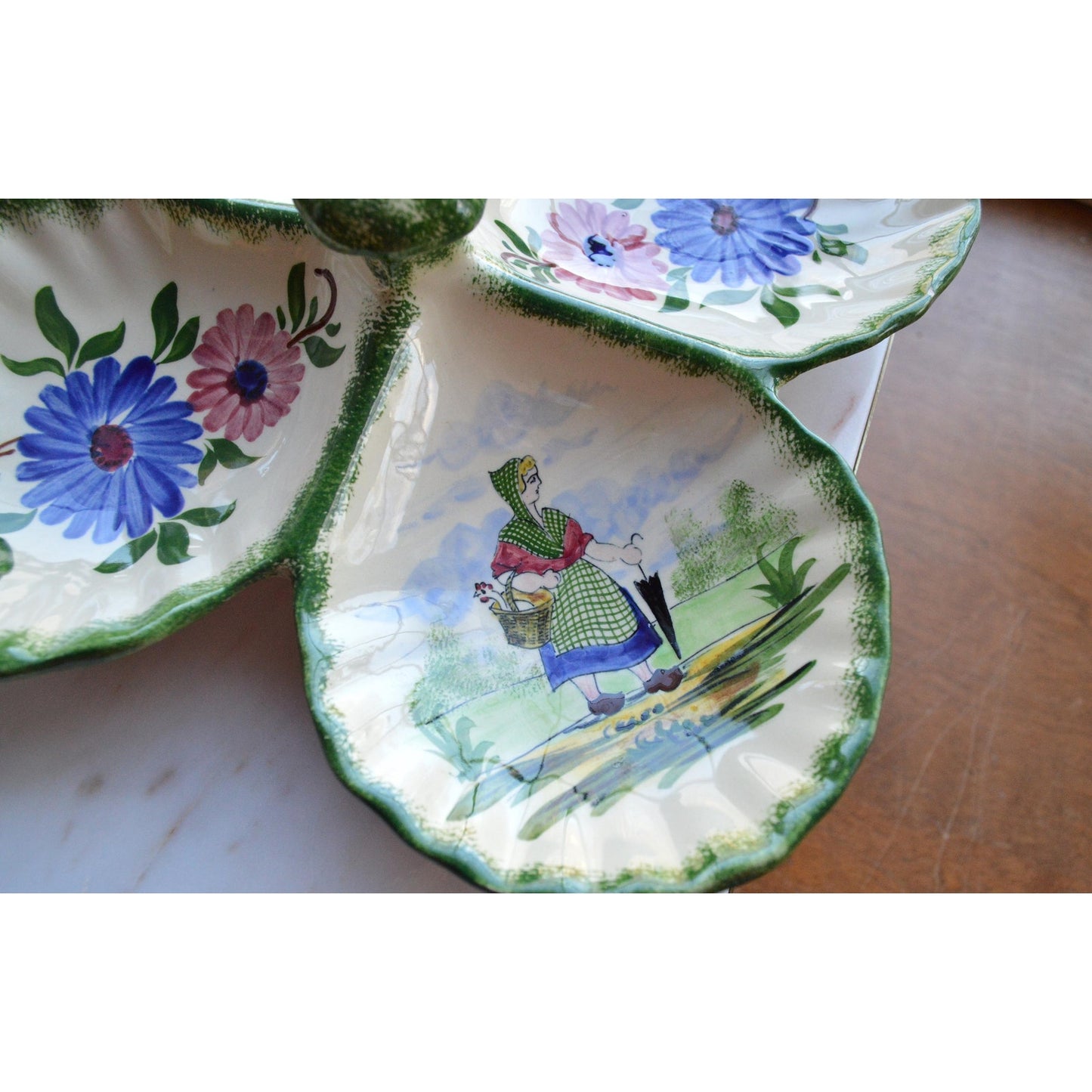 Vintage French Gabriel Fourmaintraux Desvres Hand-Painted Faience 4-Section Serving Dish