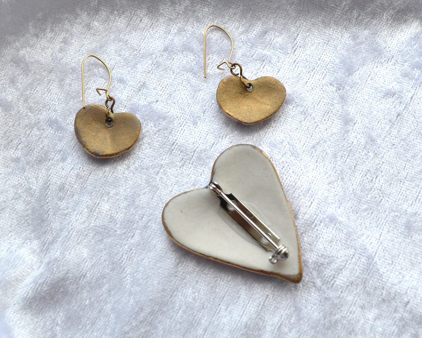 Vintage 1980s Handcrafted Ceramic Heart Brooch Earrings Set, Mauve Cobalt