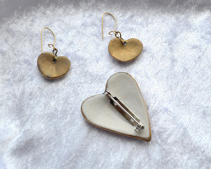 Vintage 1980s Handcrafted Ceramic Heart Brooch Earrings Set, Mauve Cobalt