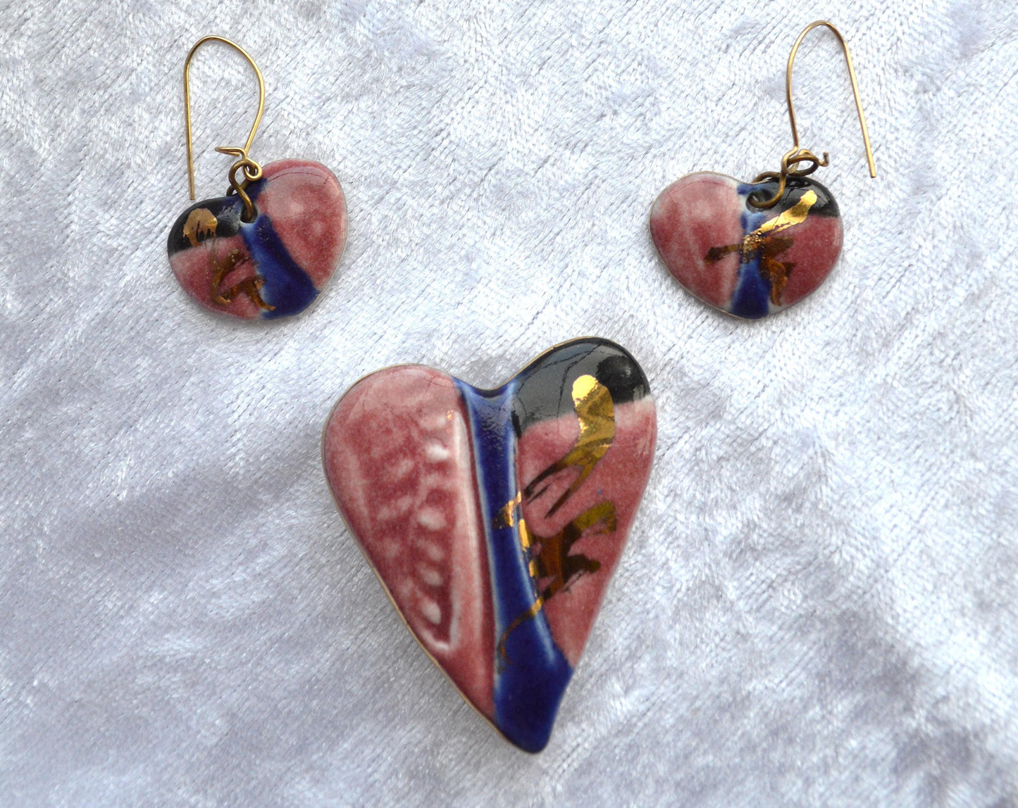 Vintage 1980s Handcrafted Ceramic Heart Brooch Earrings Set, Mauve Cobalt