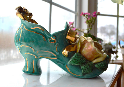 Vintage Signed Barbara McCorkle Ceramic Shoe Planter As-Is Turquoise Rose 7", Flawed