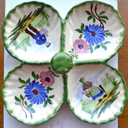 Vintage French Gabriel Fourmaintraux Desvres Hand-Painted Faience 4-Section Serving Dish