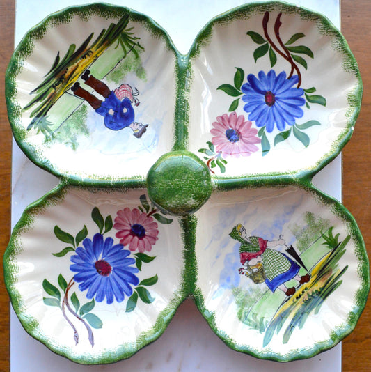 Vintage French Gabriel Fourmaintraux Desvres Hand-Painted Faience 4-Section Serving Dish