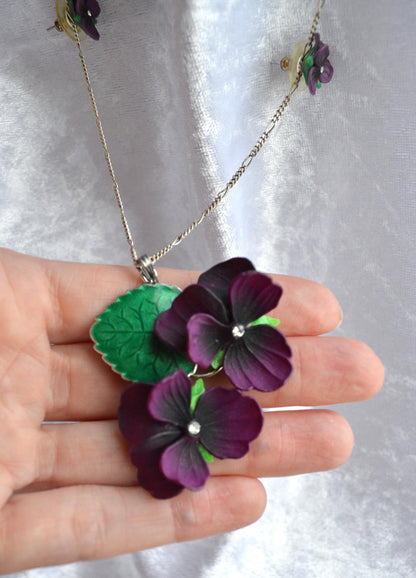 Vintage 1930s Celluloid Parma Violet Pendant Necklace Set 24" Chain Suffragette