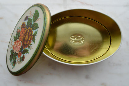 Vintage 1950s Meister Brazil Oval Floral Candy Tin 6x4" Pink Cabbage Rose Box