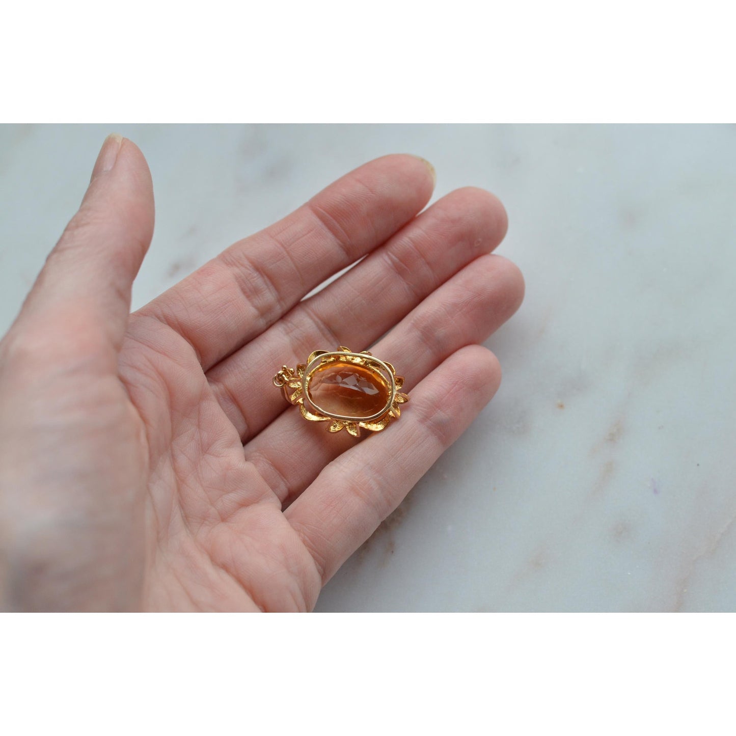 14K Gold Citrine Diamond Pendant – Mid-Century Floral Halo Estate Jewelry