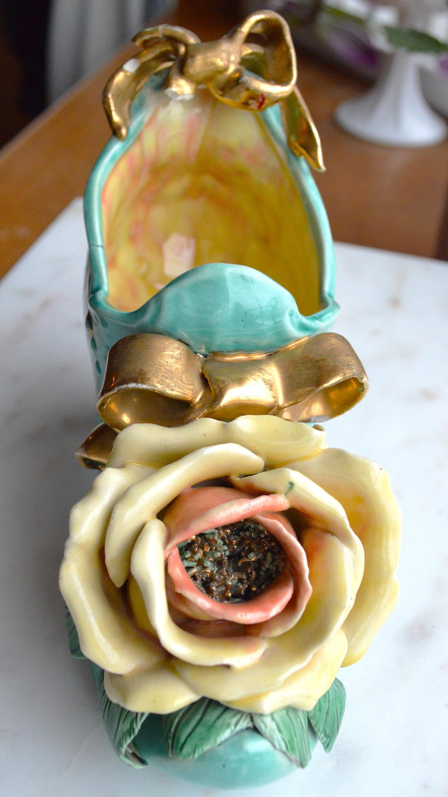 Vintage Signed Barbara McCorkle Ceramic Shoe Planter As-Is Turquoise Rose 7", Flawed