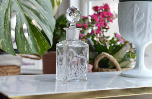 Antique Etched Glass Perfume Bottle, Fern Motif, Victorian Scent Bottle with Original Faceted Stopper, Functional / Minor Wear