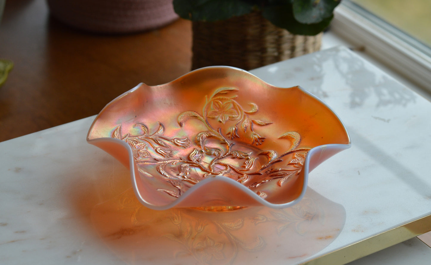Antique Fenton Marigold Carnival Glass Orange Tree Bowl - Iridescent Ruffled Edge Fruit Bowl - Circa 1910-1920s Early American Art Glass