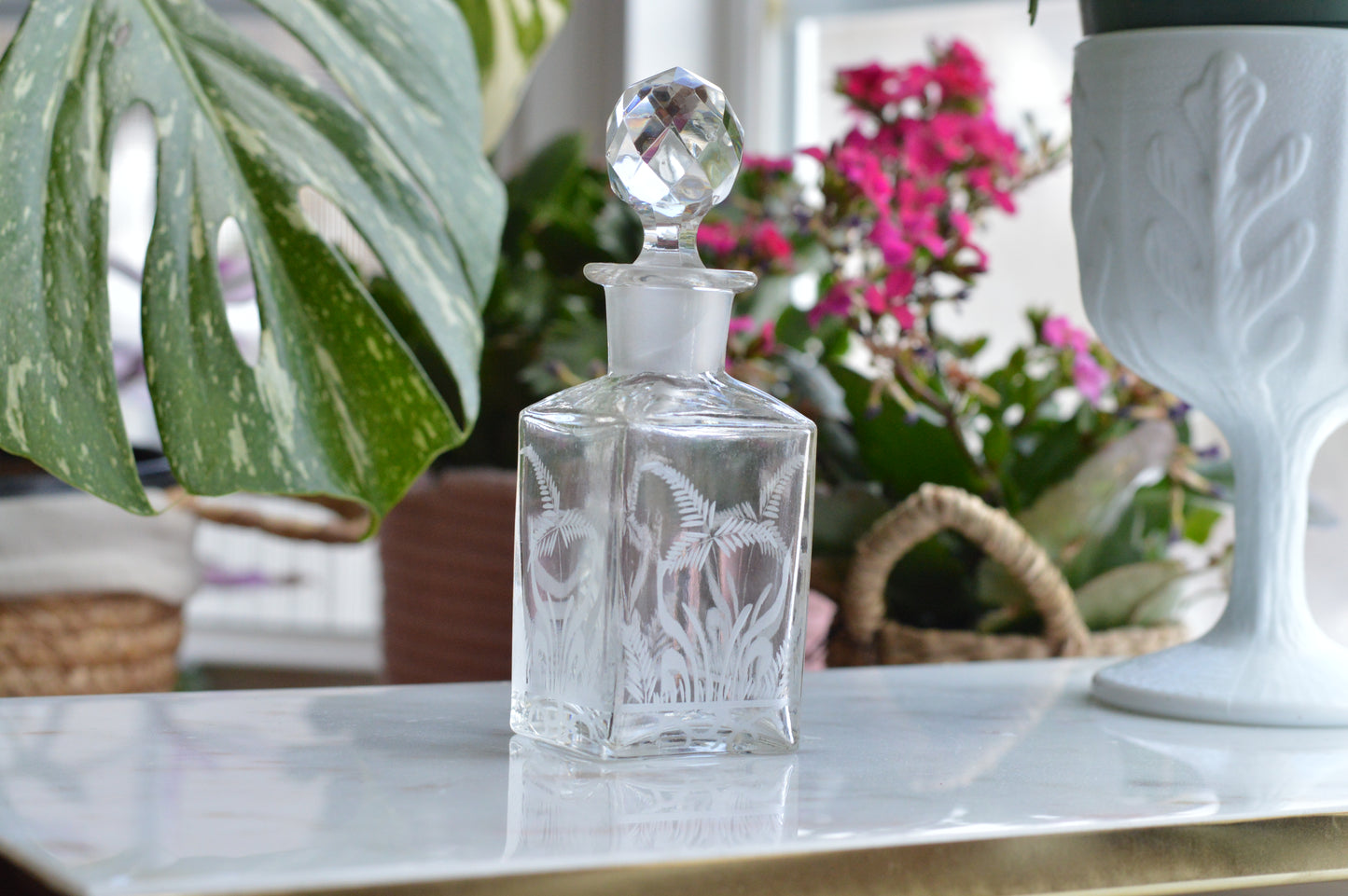 Antique Etched Glass Perfume Bottle, Fern Motif, Victorian Scent Bottle with Original Faceted Stopper, Functional / Minor Wear