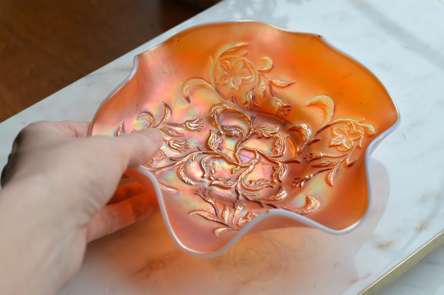 Antique Fenton Marigold Carnival Glass Orange Tree Bowl - Iridescent Ruffled Edge Fruit Bowl - Circa 1910-1920s Early American Art Glass