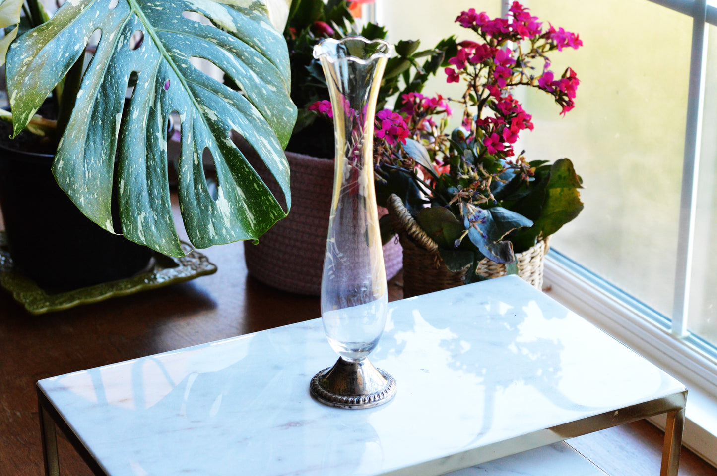 Vintage Anchor Hocking Glass Vase with Roymond Sterling Silver Base – Clear Pressed Glass Pedestal Vase – Mid‑Century Modern – USA