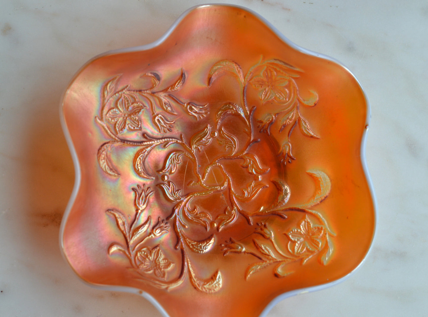 Antique Fenton Marigold Carnival Glass Orange Tree Bowl - Iridescent Ruffled Edge Fruit Bowl - Circa 1910-1920s Early American Art Glass