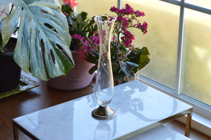 Vintage Anchor Hocking Glass Vase with Roymond Sterling Silver Base – Clear Pressed Glass Pedestal Vase – Mid‑Century Modern – USA