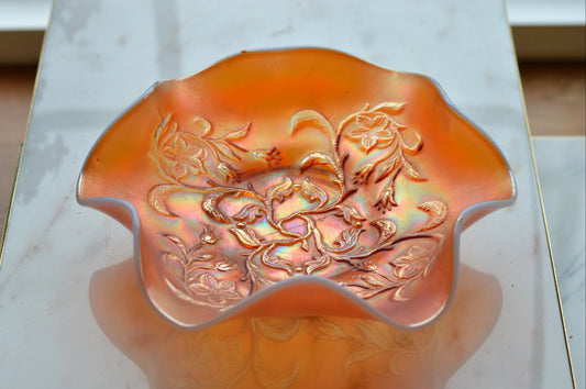 Antique Fenton Marigold Carnival Glass Orange Tree Bowl - Iridescent Ruffled Edge Fruit Bowl - Circa 1910-1920s Early American Art Glass