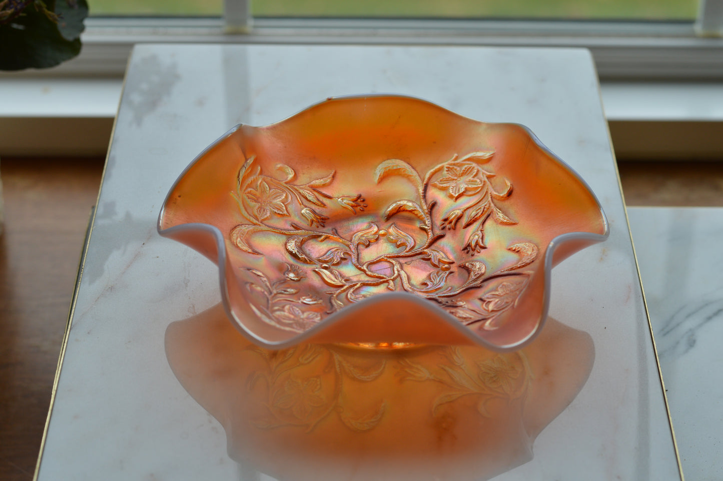 Antique Fenton Marigold Carnival Glass Orange Tree Bowl - Iridescent Ruffled Edge Fruit Bowl - Circa 1910-1920s Early American Art Glass