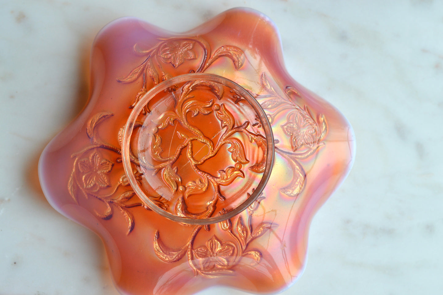 Antique Fenton Marigold Carnival Glass Orange Tree Bowl - Iridescent Ruffled Edge Fruit Bowl - Circa 1910-1920s Early American Art Glass