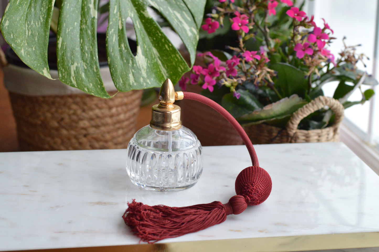 Waterford Crystal Perfume Atomizer - Vintage Lismore Colleen Cut - Burgundy Tassel & Pump