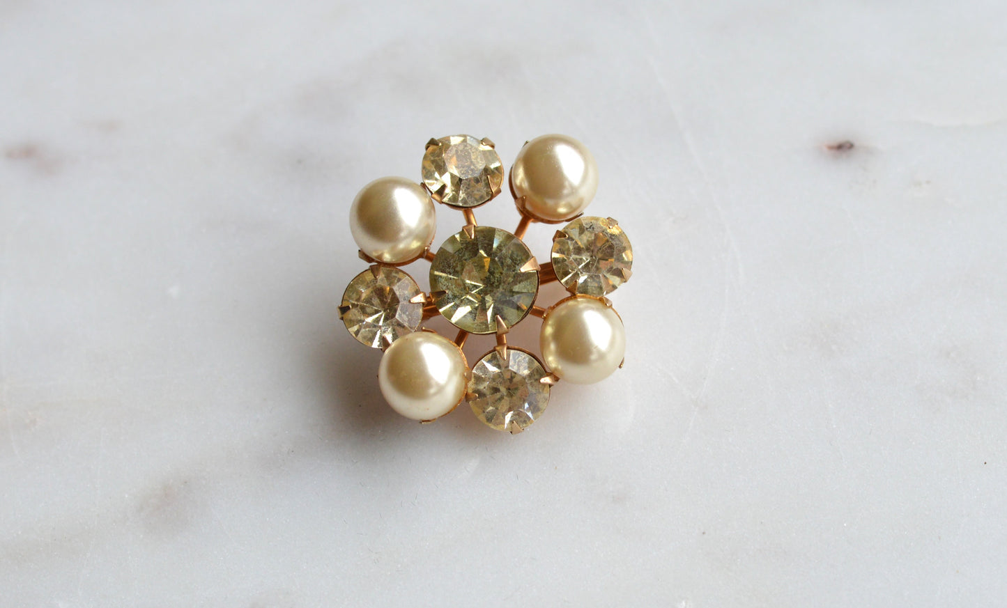 Vintage Faux Pearl & Rhinestone Cluster Brooch, Gold Tone Mid Century Style Pin, Champagne Crystals, Classic Bridal Accessory, Retro Statement Jewelry