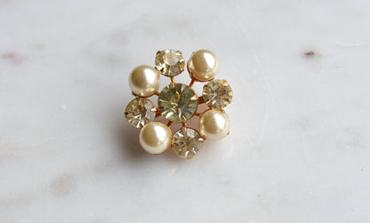 Vintage Faux Pearl & Rhinestone Cluster Brooch, Gold Tone Mid Century Style Pin, Champagne Crystals, Classic Bridal Accessory, Retro Statement Jewelry