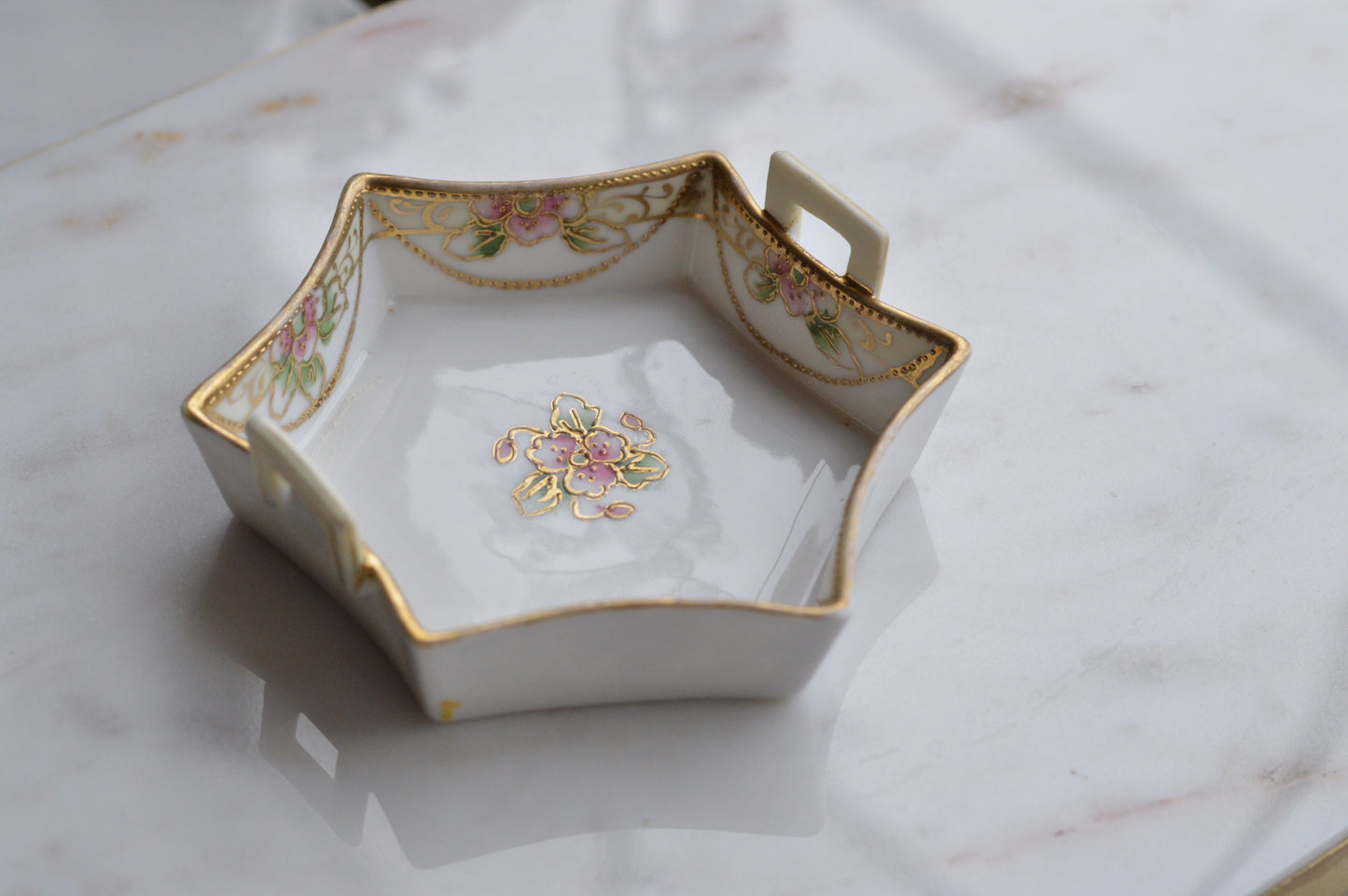 Antique Nippon Hand-Painted Porcelain Trinket Dish - Pink Roses & Gold Moriage - Morimura Bros c. 1911-1921
