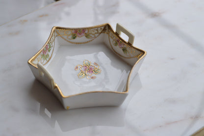 Antique Nippon Hand-Painted Porcelain Trinket Dish - Pink Roses & Gold Moriage - Morimura Bros c. 1911-1921