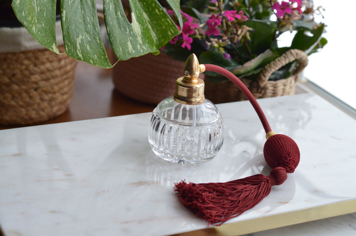Waterford Crystal Perfume Atomizer - Vintage Lismore Colleen Cut - Burgundy Tassel & Pump