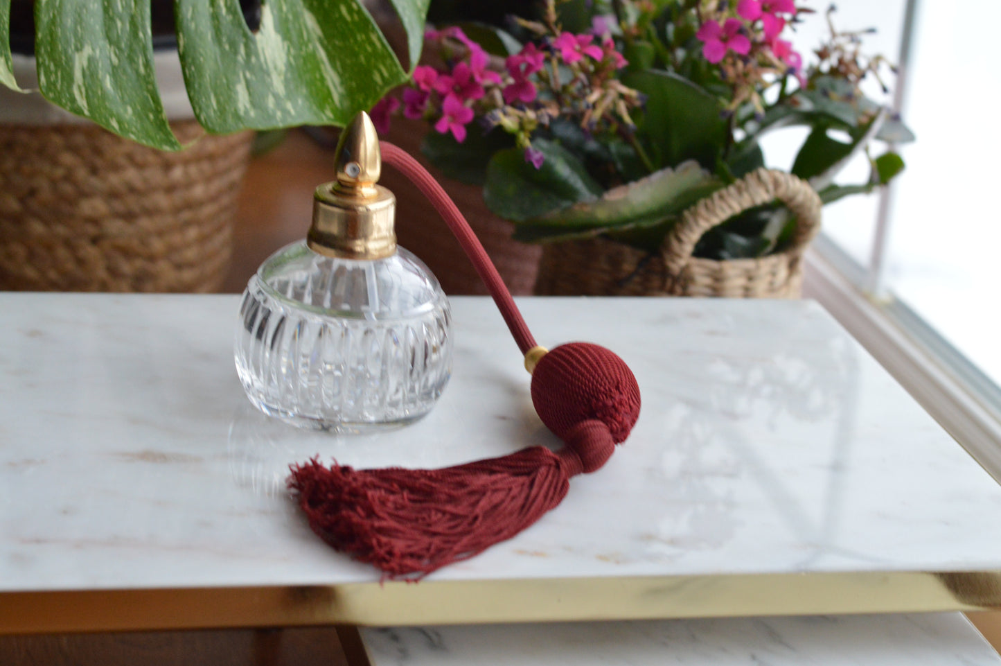 Waterford Crystal Perfume Atomizer - Vintage Lismore Colleen Cut - Burgundy Tassel & Pump