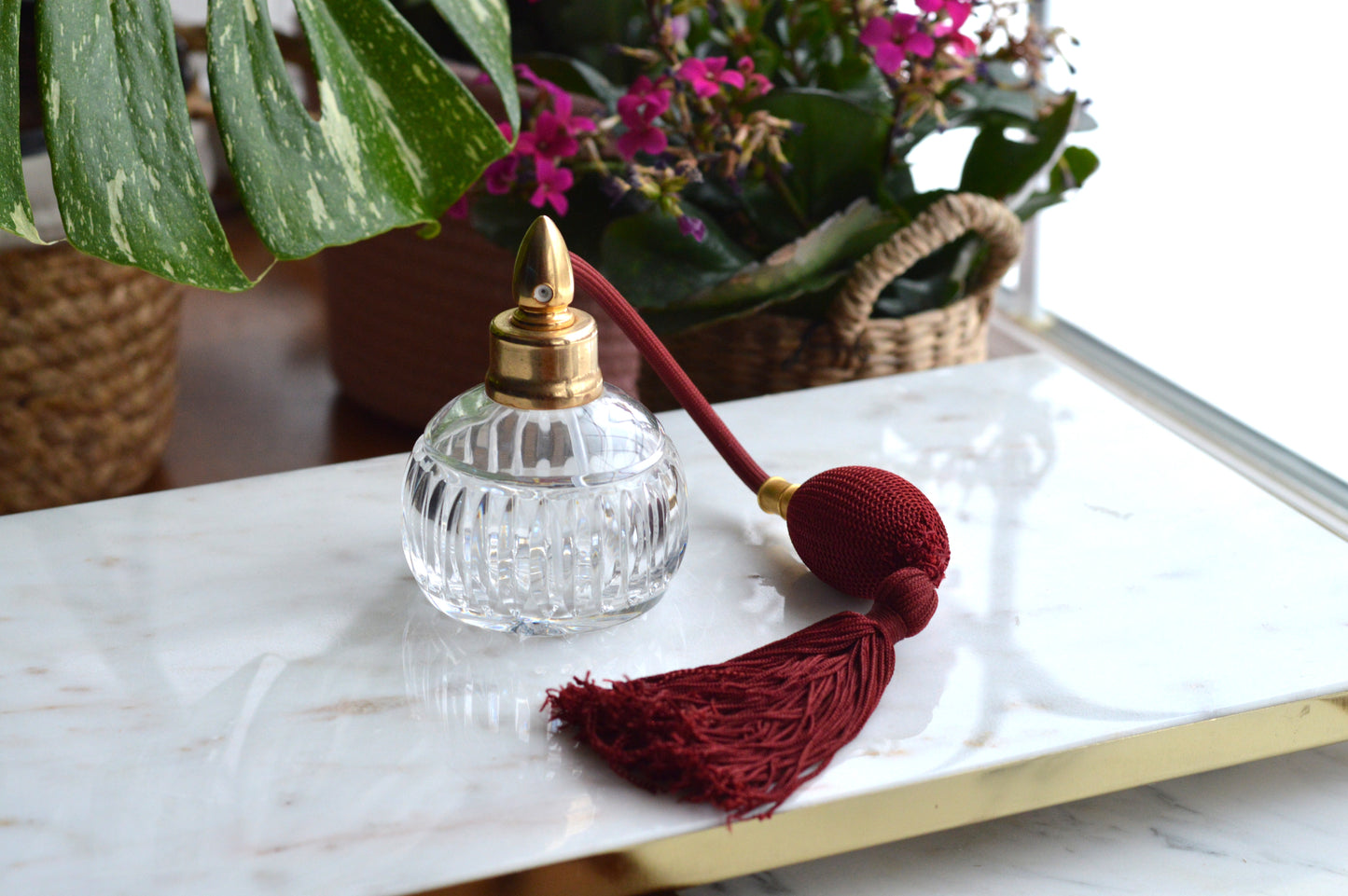Waterford Crystal Perfume Atomizer - Vintage Lismore Colleen Cut - Burgundy Tassel & Pump