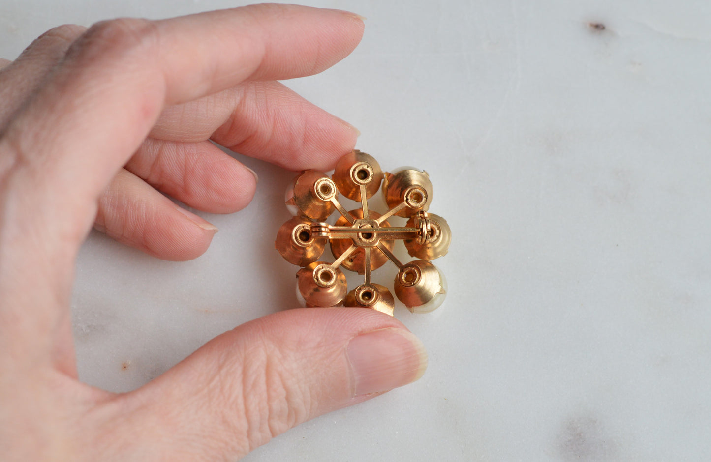 Vintage Faux Pearl & Rhinestone Cluster Brooch, Gold Tone Mid Century Style Pin, Champagne Crystals, Classic Bridal Accessory, Retro Statement Jewelry