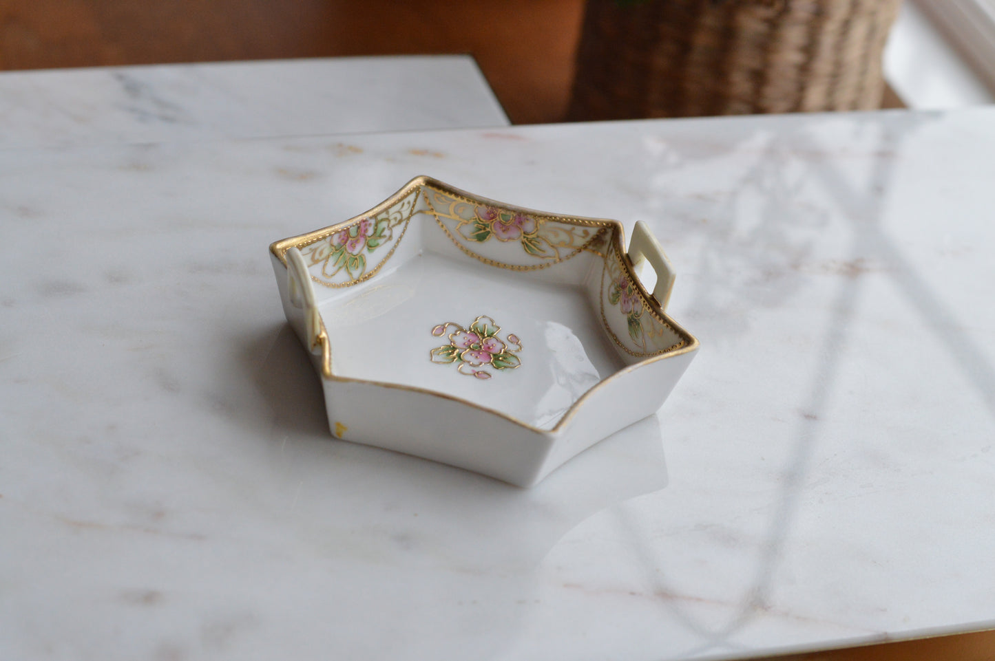 Antique Nippon Hand-Painted Porcelain Trinket Dish - Pink Roses & Gold Moriage - Morimura Bros c. 1911-1921