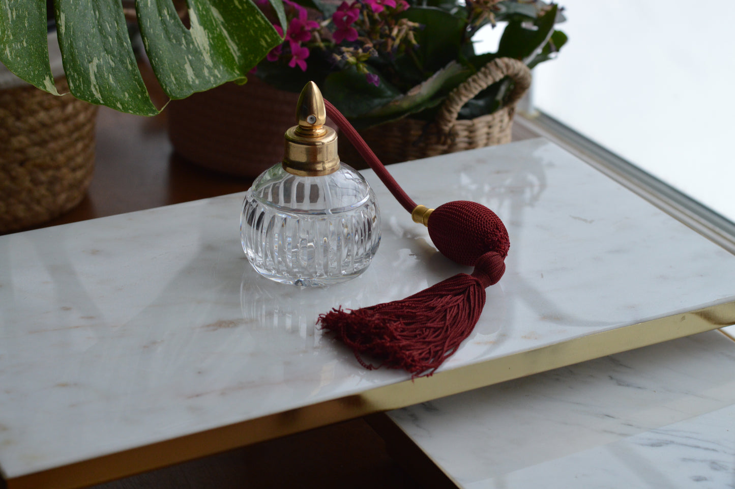 Waterford Crystal Perfume Atomizer - Vintage Lismore Colleen Cut - Burgundy Tassel & Pump