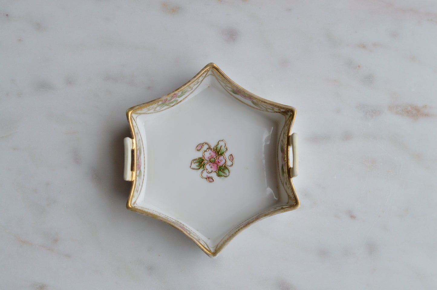 Antique Nippon Hand-Painted Porcelain Trinket Dish - Pink Roses & Gold Moriage - Morimura Bros c. 1911-1921