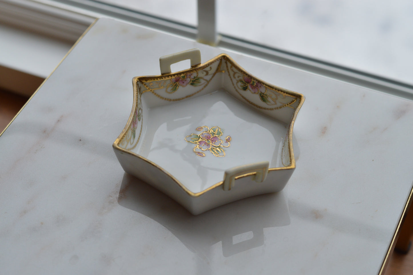 Antique Nippon Hand-Painted Porcelain Trinket Dish - Pink Roses & Gold Moriage - Morimura Bros c. 1911-1921