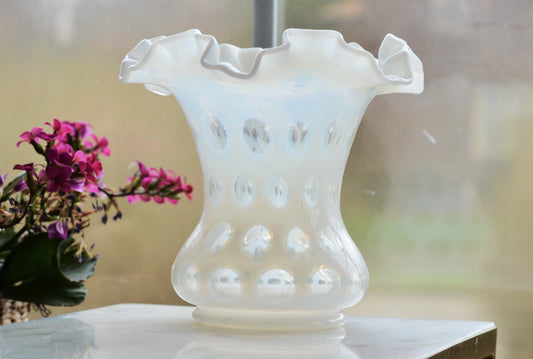 Vintage Fenton French Opalescent Coin Dot Vase - White Ruffled Rim Art Glass - Mid-Century Optic Polka Dot Decor - Circa 1940s-1950s
