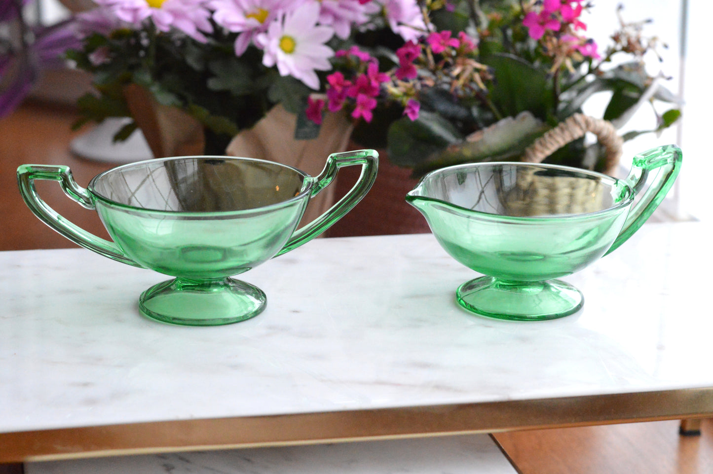 Vibrant Uranium Glass Sugar & Creamer Set - Glowing Green Depression Era Glass - Art Deco Handles