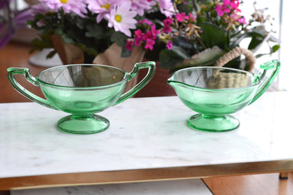Vibrant Uranium Glass Sugar & Creamer Set - Glowing Green Depression Era Glass - Art Deco Handles