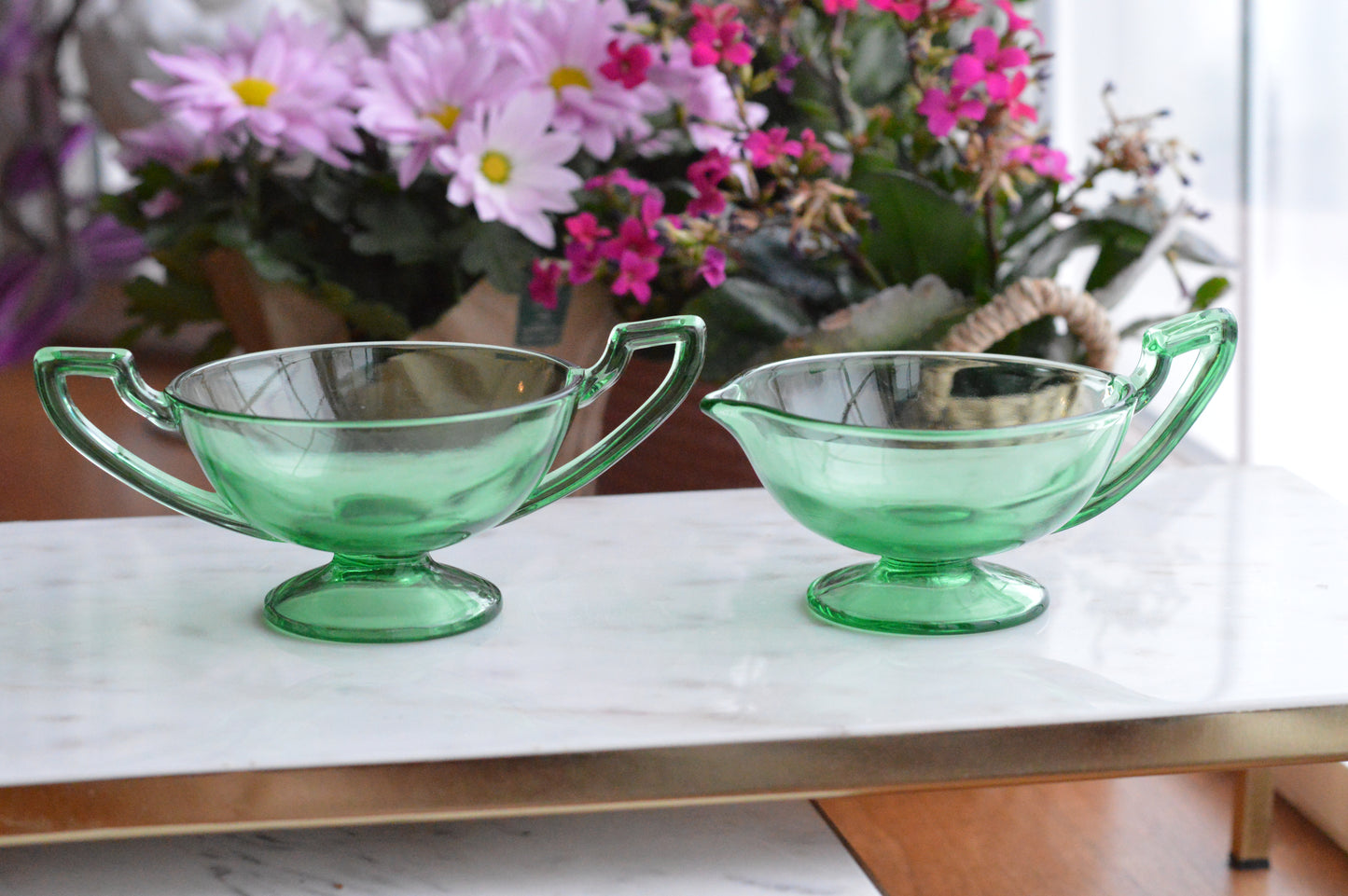 Vibrant Uranium Glass Sugar & Creamer Set - Glowing Green Depression Era Glass - Art Deco Handles