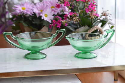 Vibrant Uranium Glass Sugar & Creamer Set - Glowing Green Depression Era Glass - Art Deco Handles